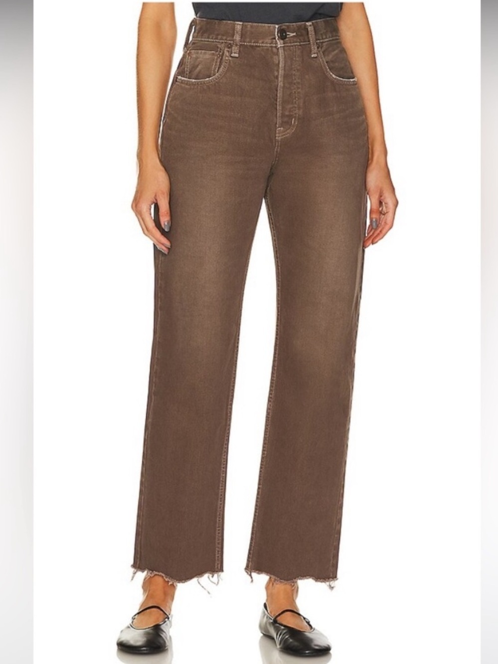 MOUSSY Vintage Emery Wide Straight Raw Hem Button Fly Jeans in Brown - 26